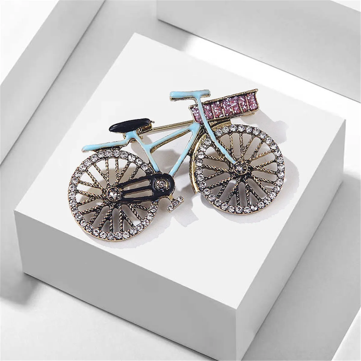 Blue Enamel & Cubic Zirconia 18K Gold-Plated Bicycle Brooch