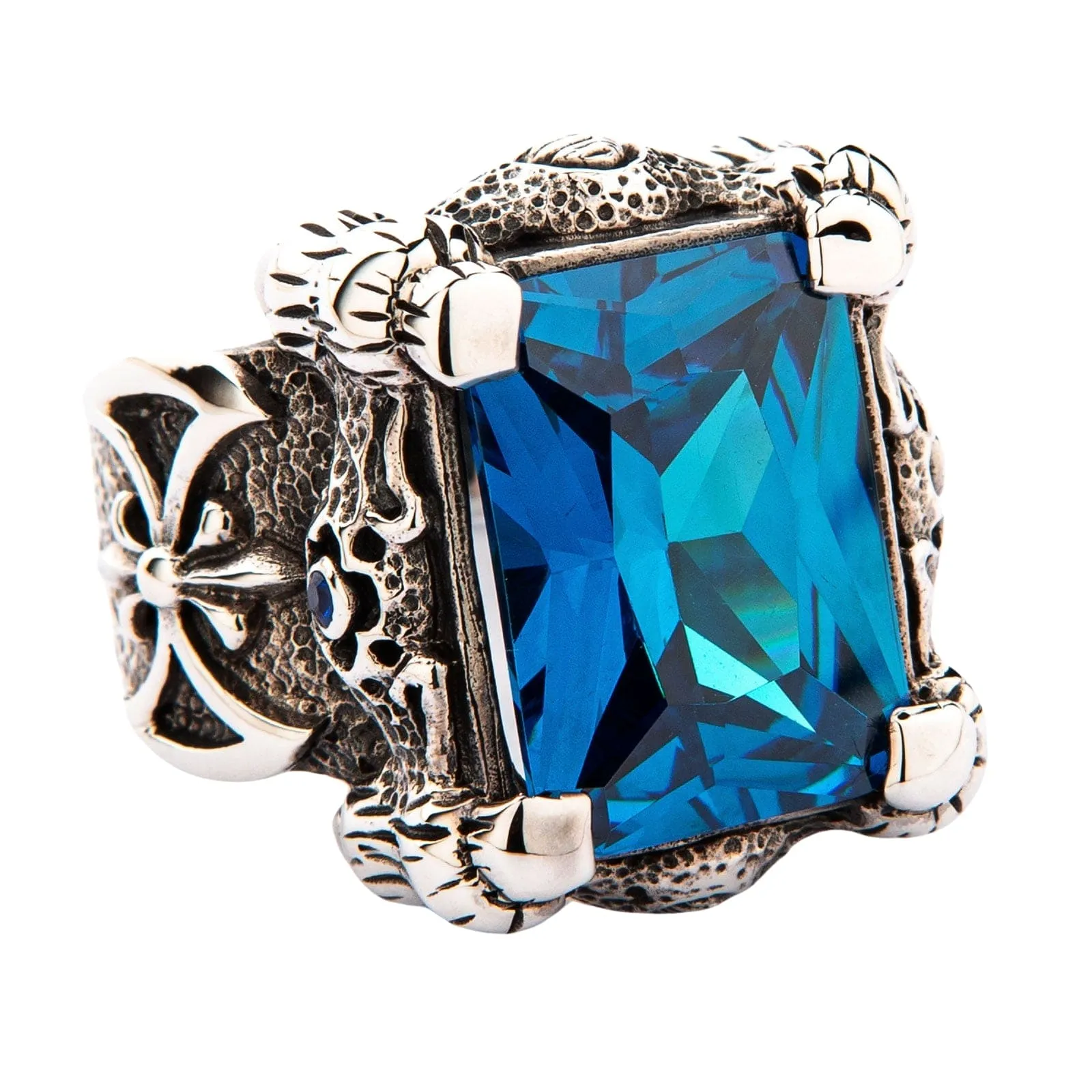 Blue Topaz Dragon Claw Sterling Silver Men's Ring