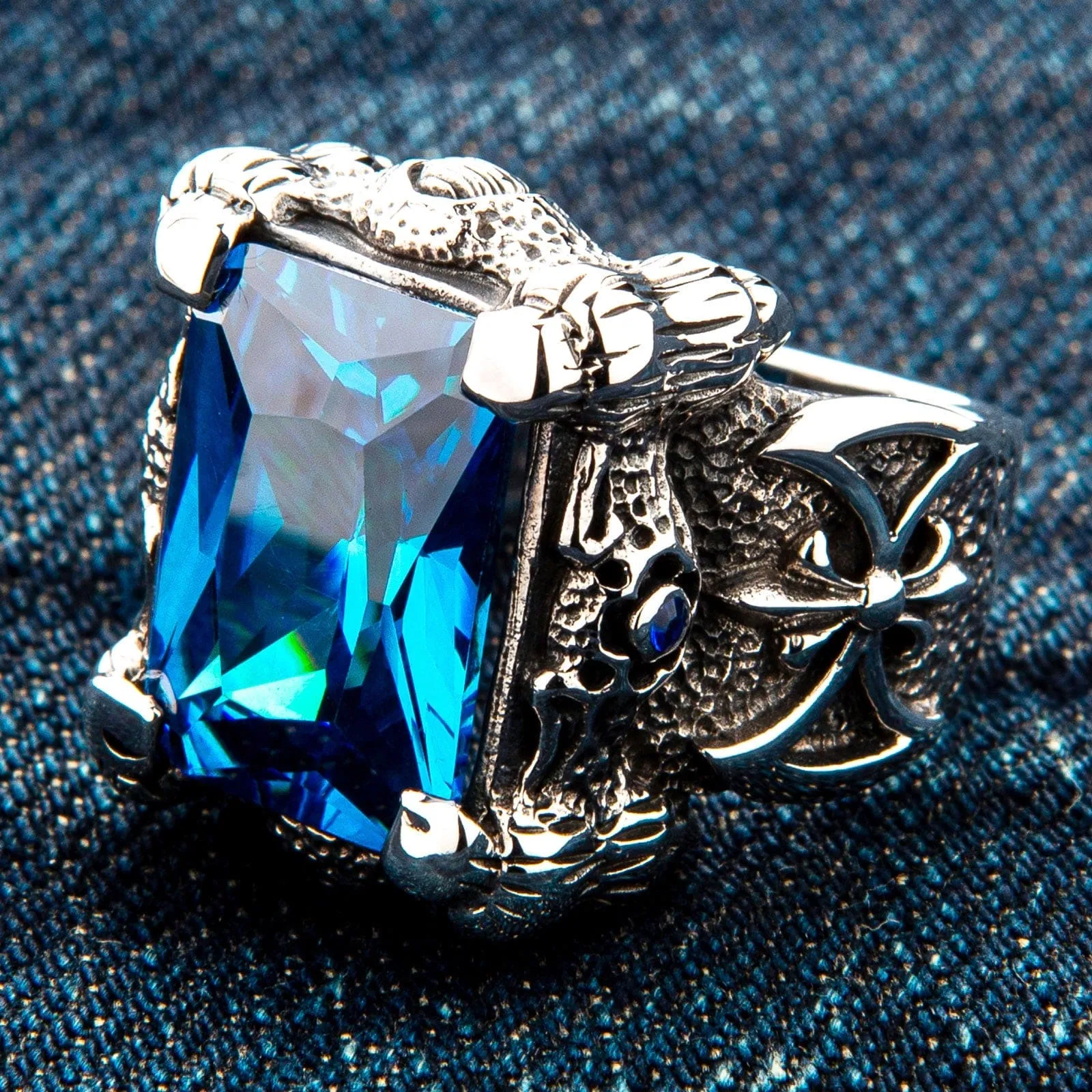 Blue Topaz Dragon Claw Sterling Silver Men's Ring