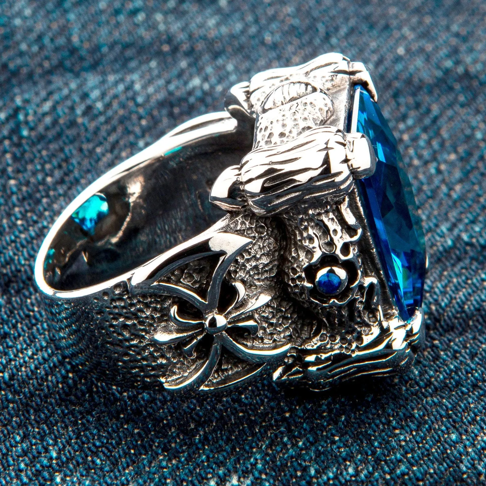 Blue Topaz Dragon Claw Sterling Silver Men's Ring