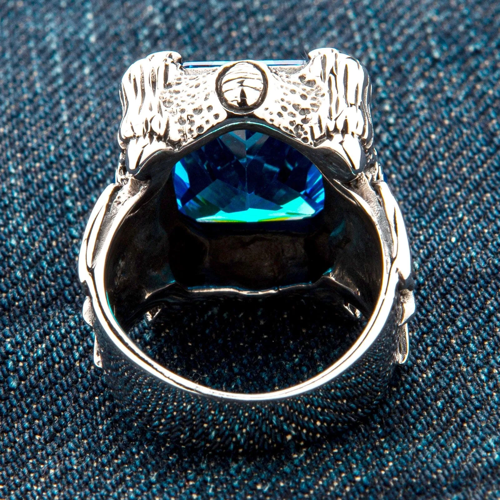 Blue Topaz Dragon Claw Sterling Silver Men's Ring