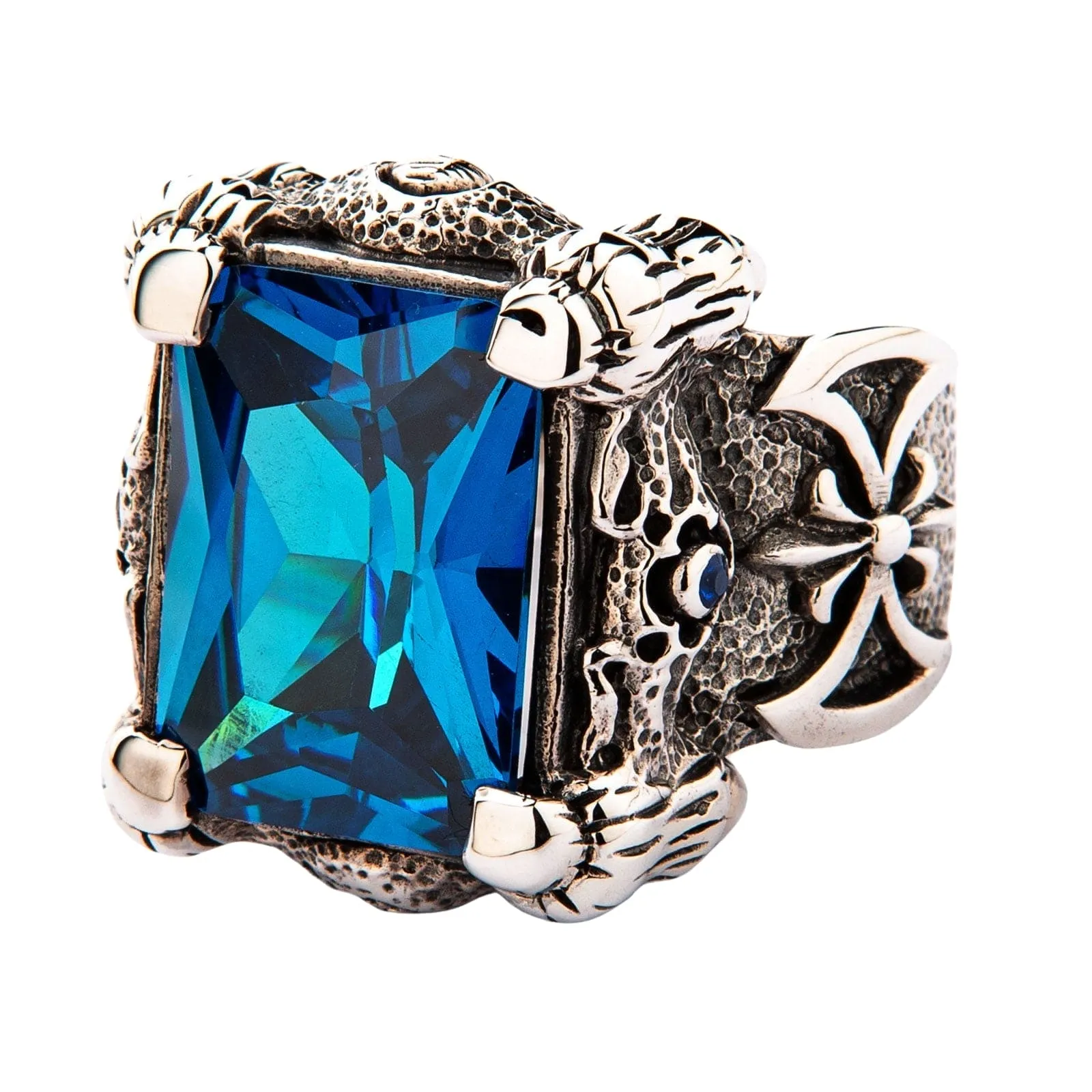 Blue Topaz Dragon Claw Sterling Silver Men's Ring