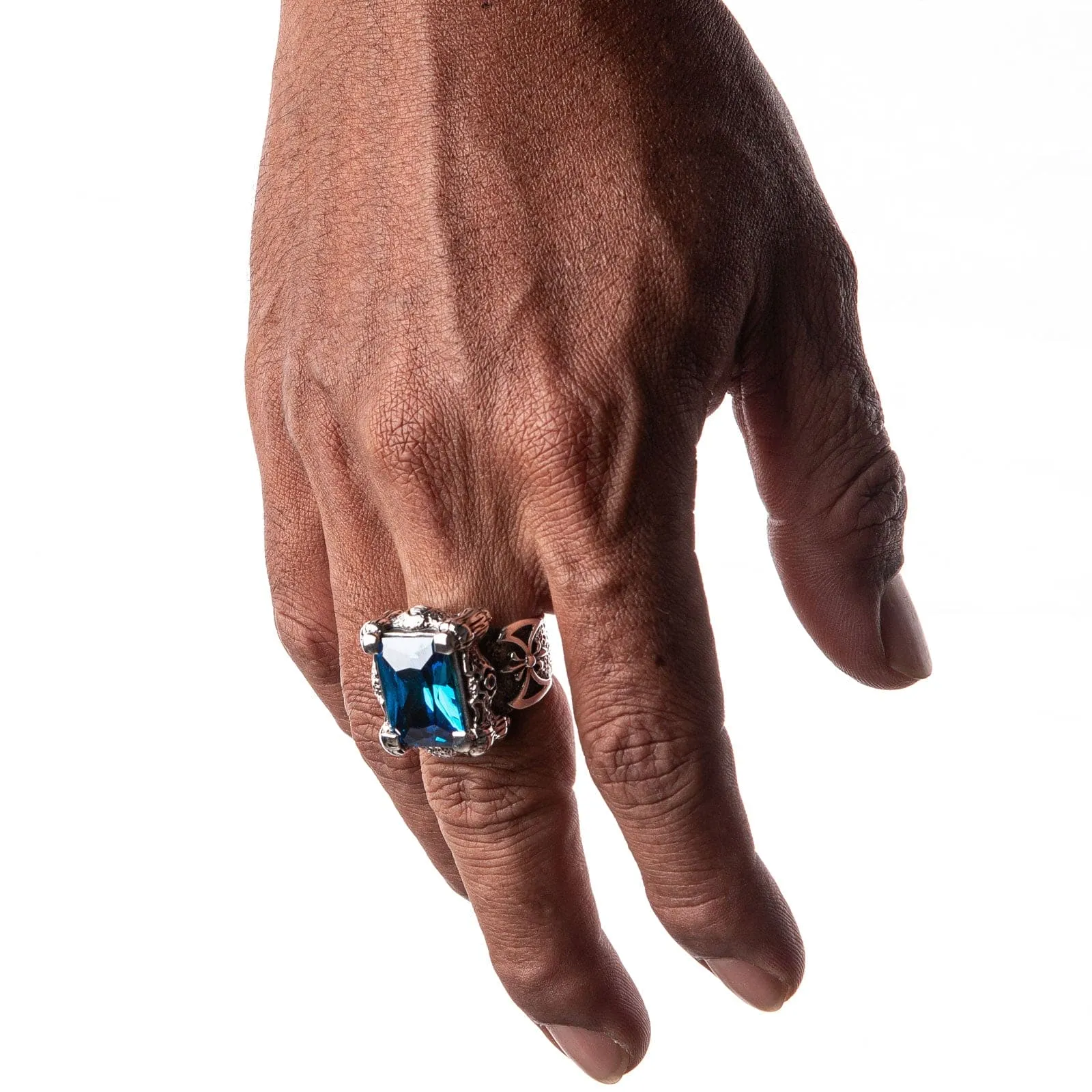 Blue Topaz Dragon Claw Sterling Silver Men's Ring