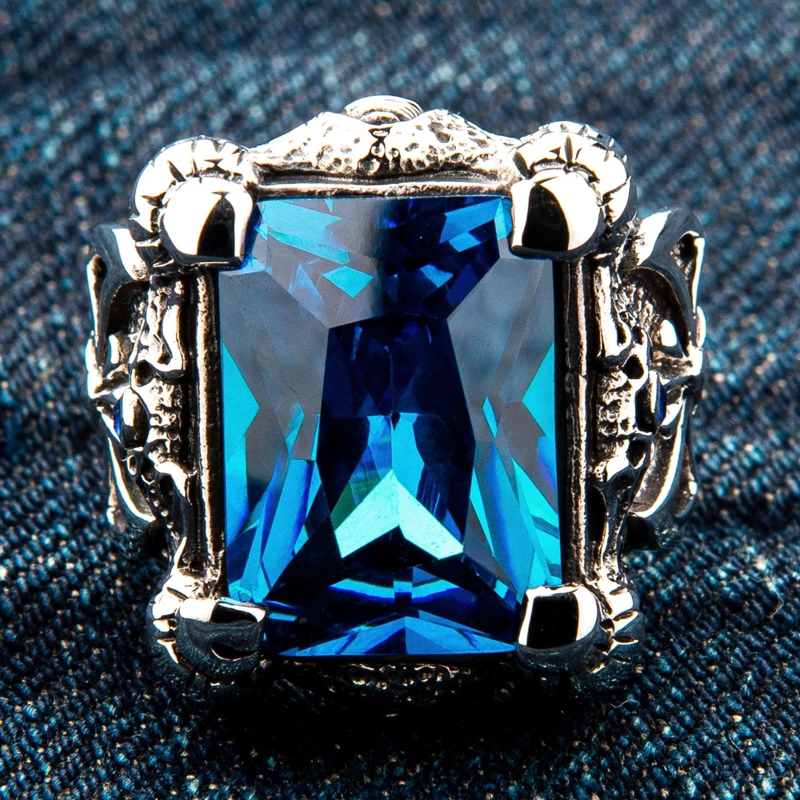 Blue Topaz Dragon Claw Sterling Silver Men's Ring