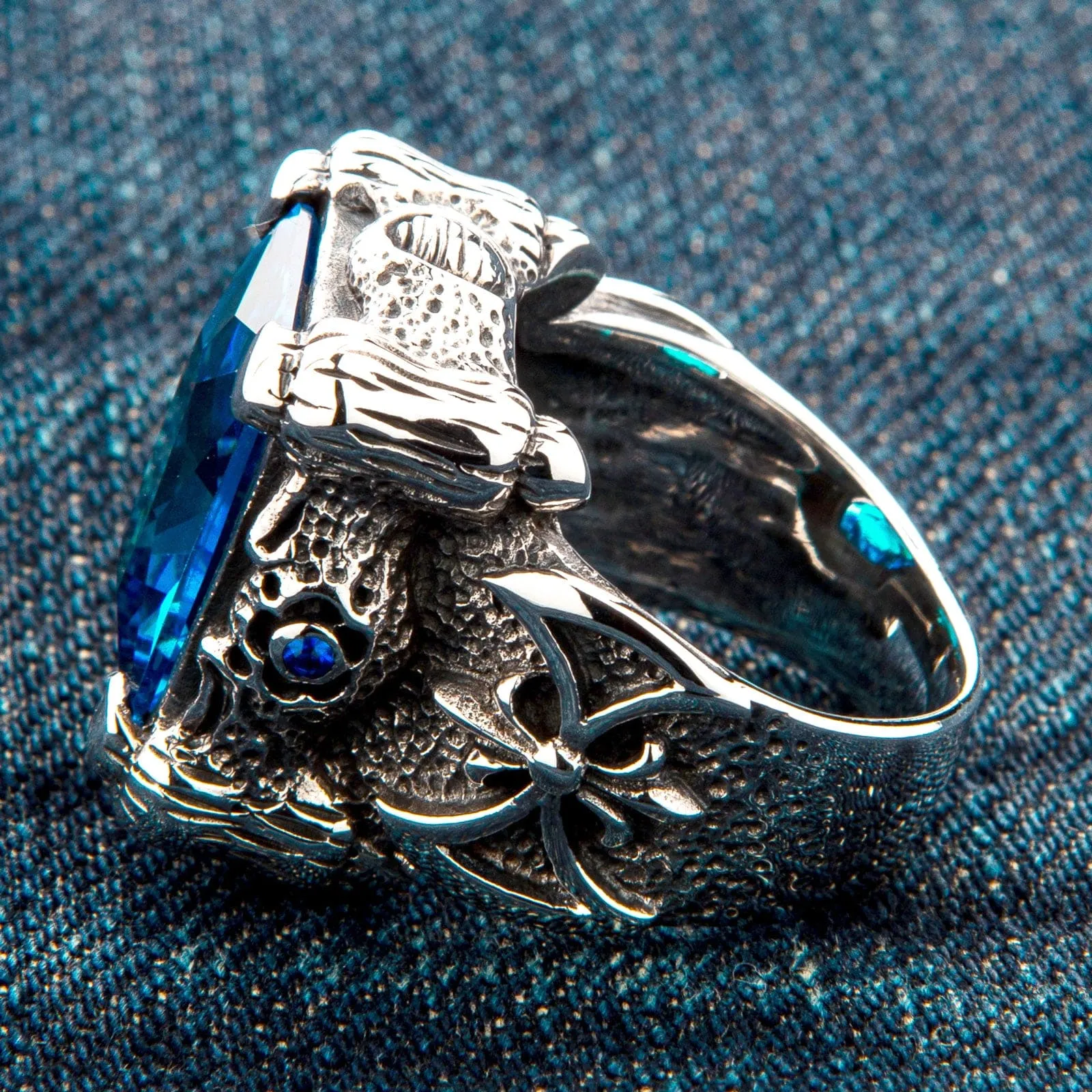 Blue Topaz Dragon Claw Sterling Silver Men's Ring
