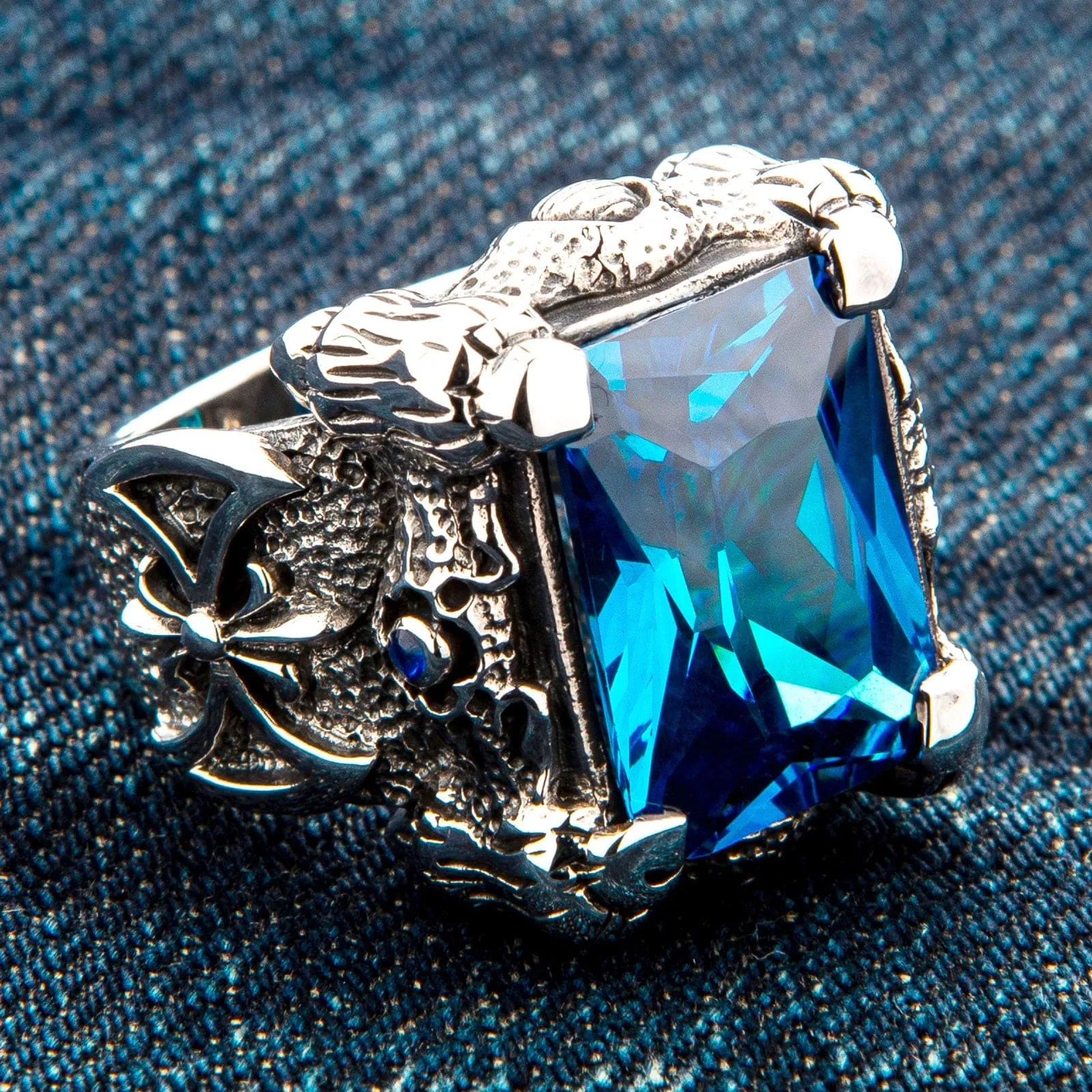 Blue Topaz Dragon Claw Sterling Silver Men's Ring