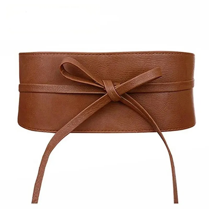 Boho Belt for Women Bowknot Faux Leather Wrap Around Obi Style Cinch Waistband Black Cummerbund Brown Women Belt