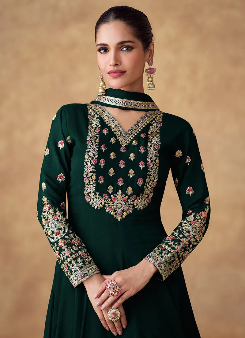 Bottle Green Multi Embroidery Designer Anarkali Suit