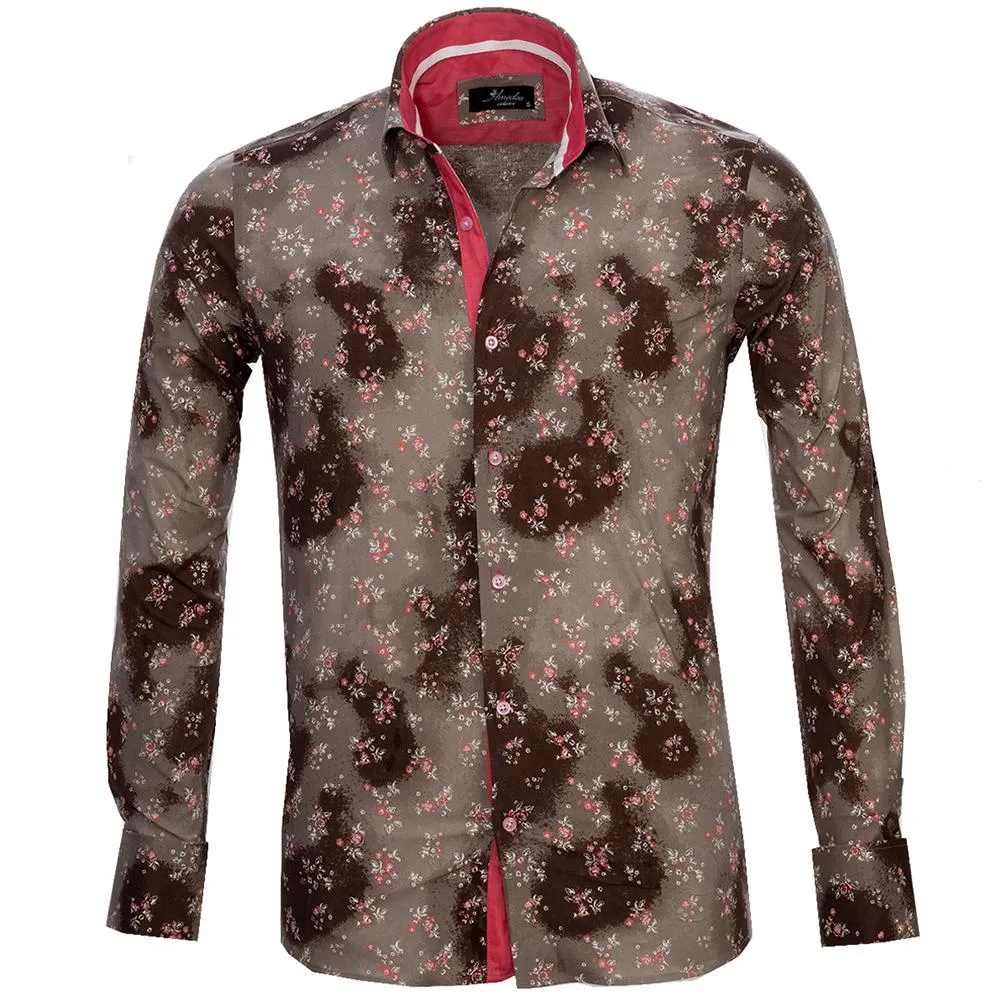 Brown Floral Sheen Mens Slim Fit French Cuff Shirts with Cufflink Holes - Casual and Formal