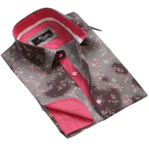 Brown Floral Sheen Mens Slim Fit French Cuff Shirts with Cufflink Holes - Casual and Formal