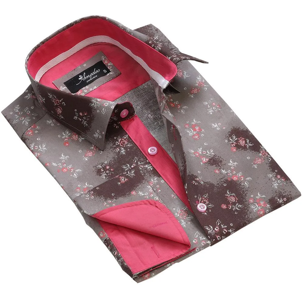 Brown Floral Sheen Mens Slim Fit French Cuff Shirts with Cufflink Holes - Casual and Formal