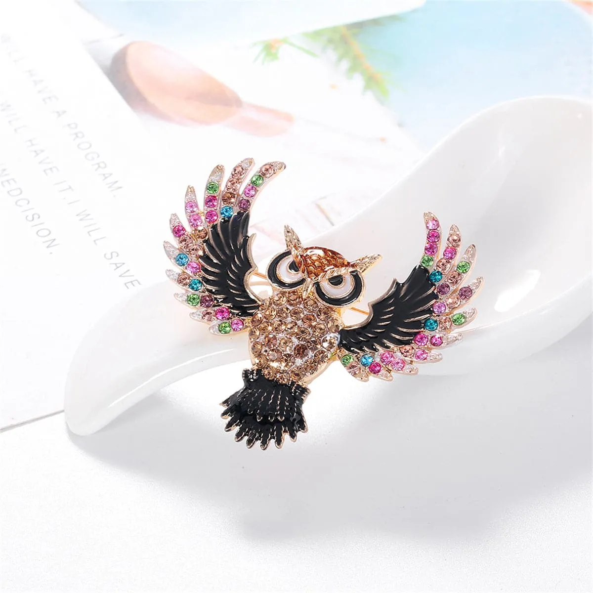 Brown Multicolor Cubic Zirconia & 18K Gold-Plated Owl Brooch