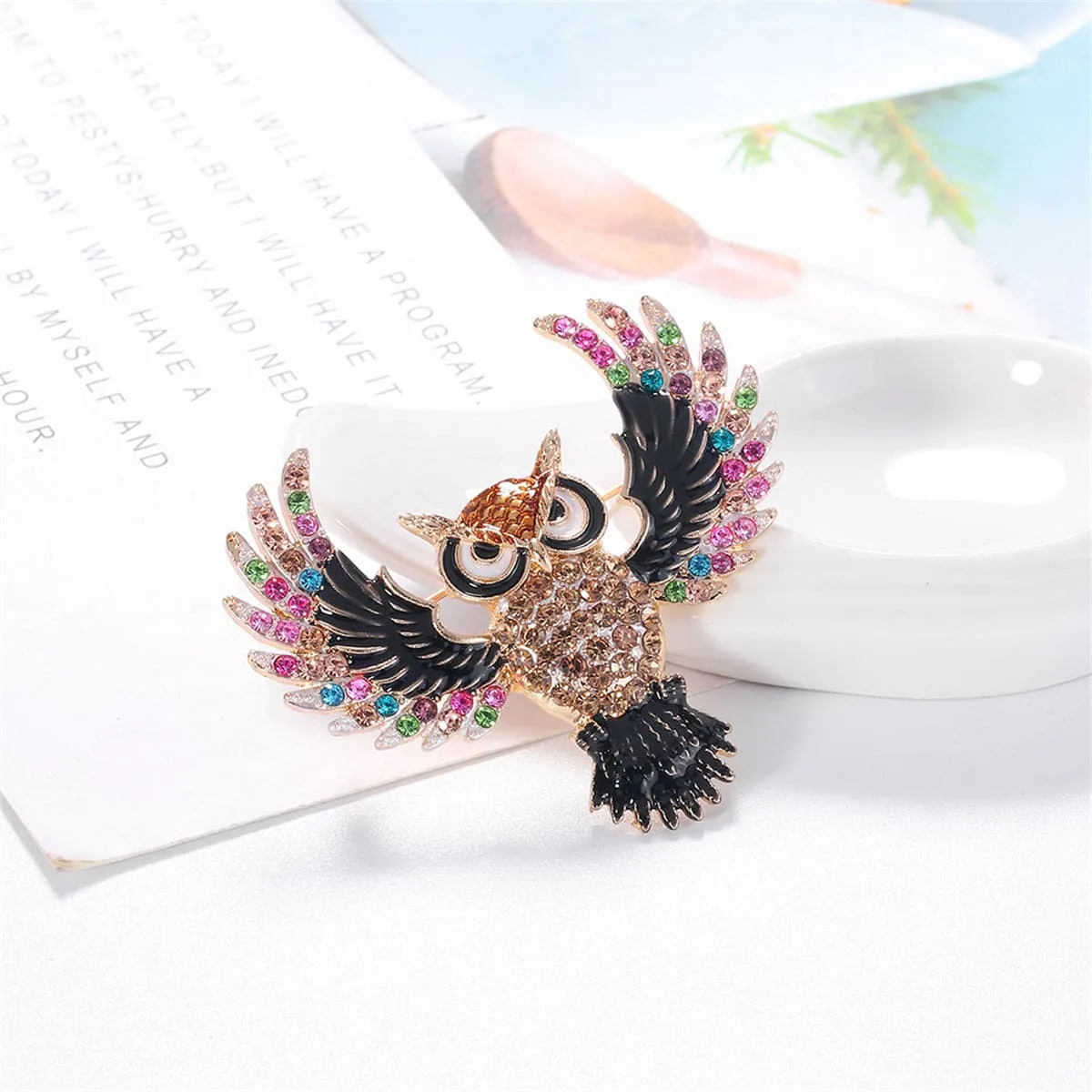 Brown Multicolor Cubic Zirconia & 18K Gold-Plated Owl Brooch