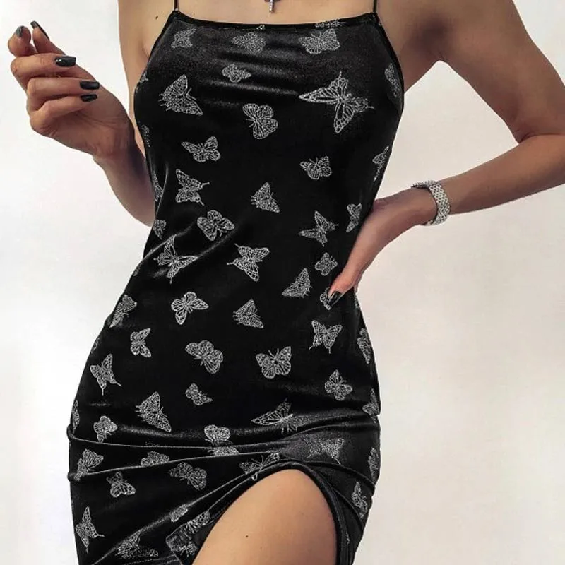 Butterfly Pattren Sleeveless Split Bodycon Dress