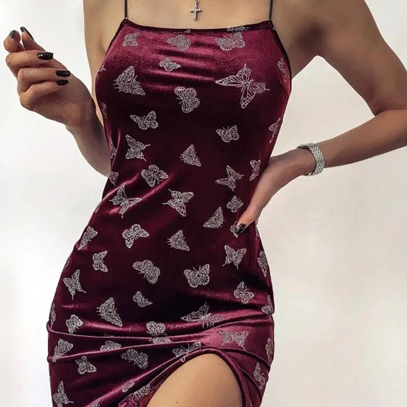Butterfly Pattren Sleeveless Split Bodycon Dress