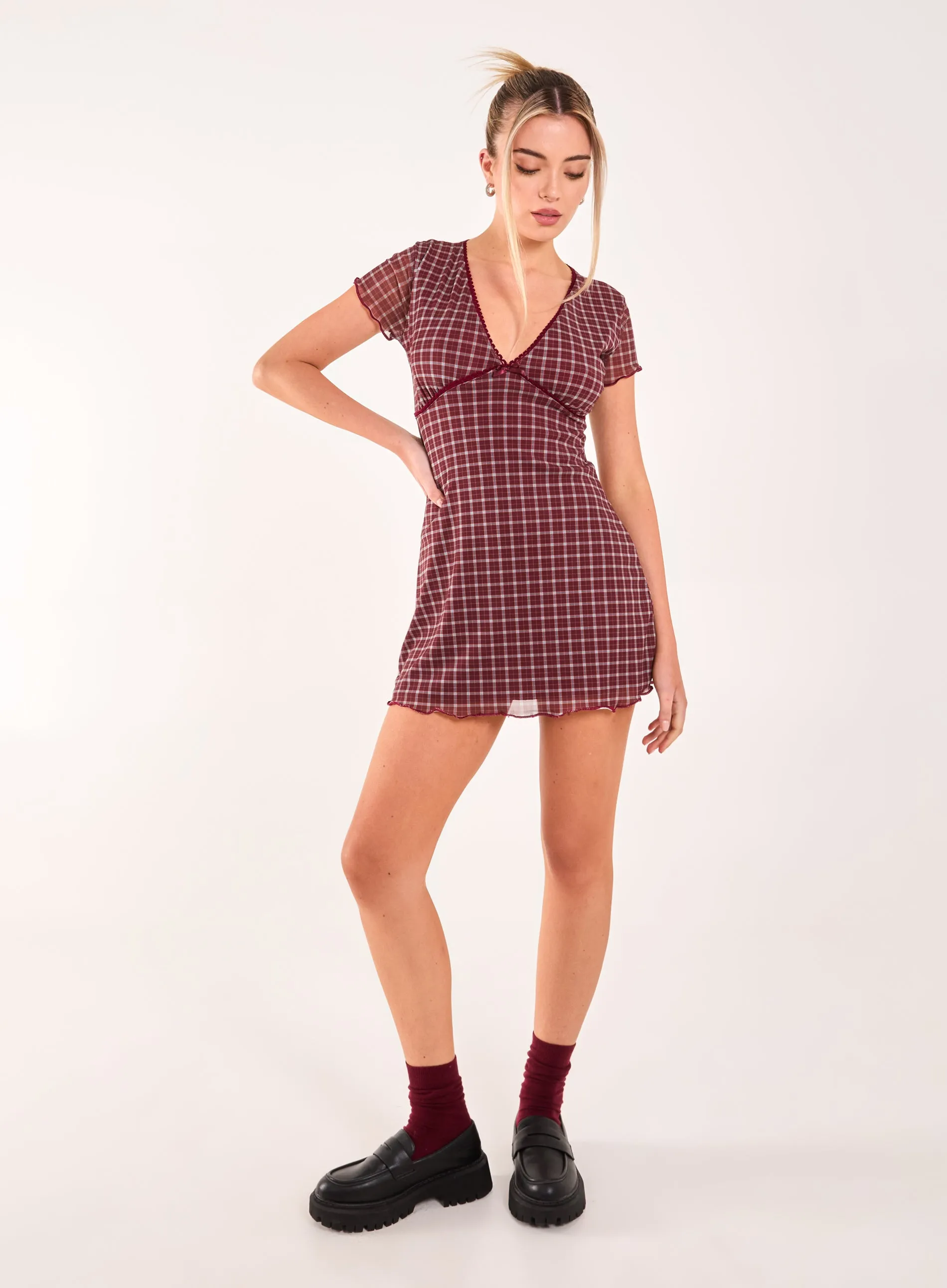 Check Cap Sleeve Mini Dress
