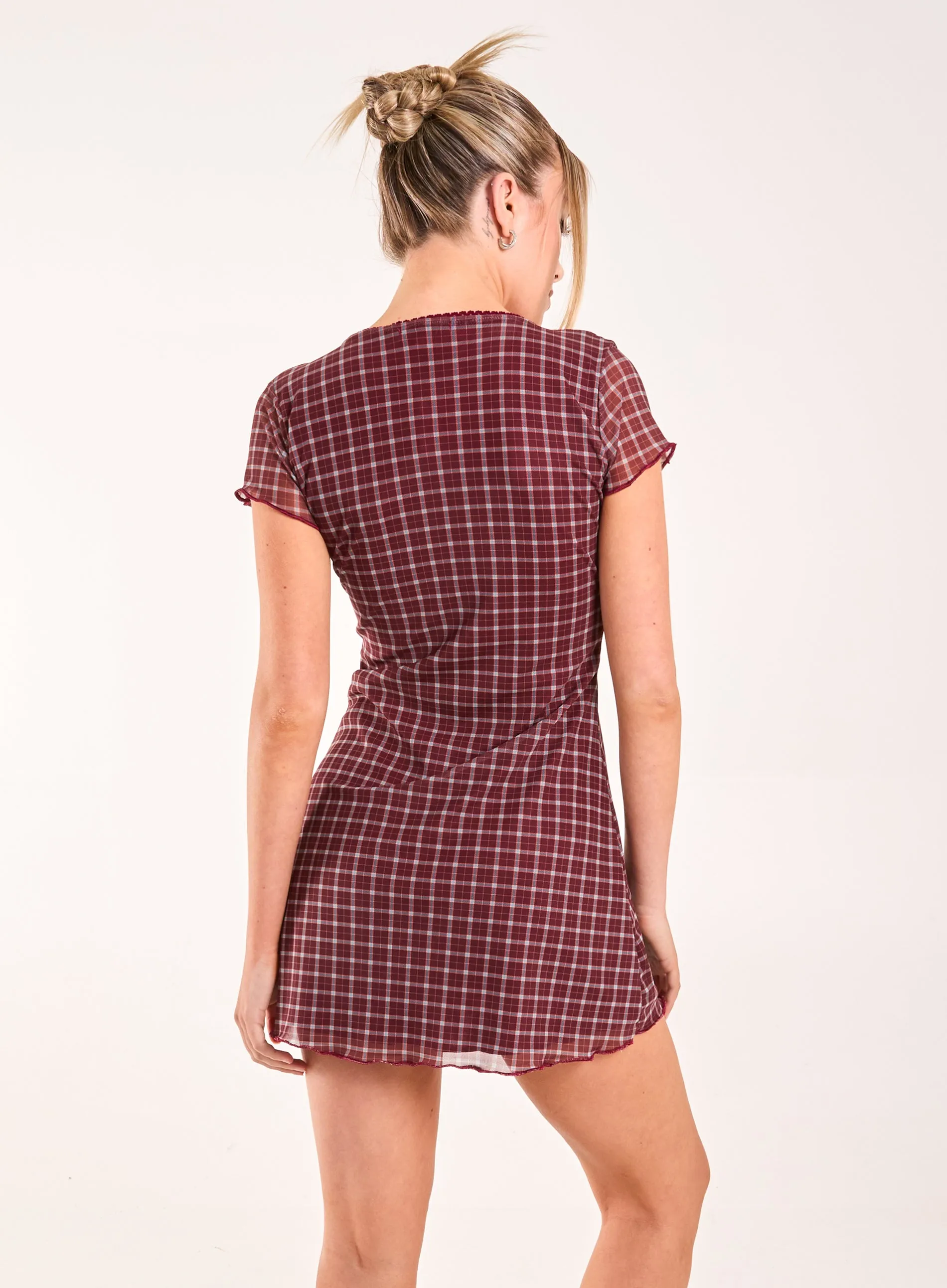 Check Cap Sleeve Mini Dress