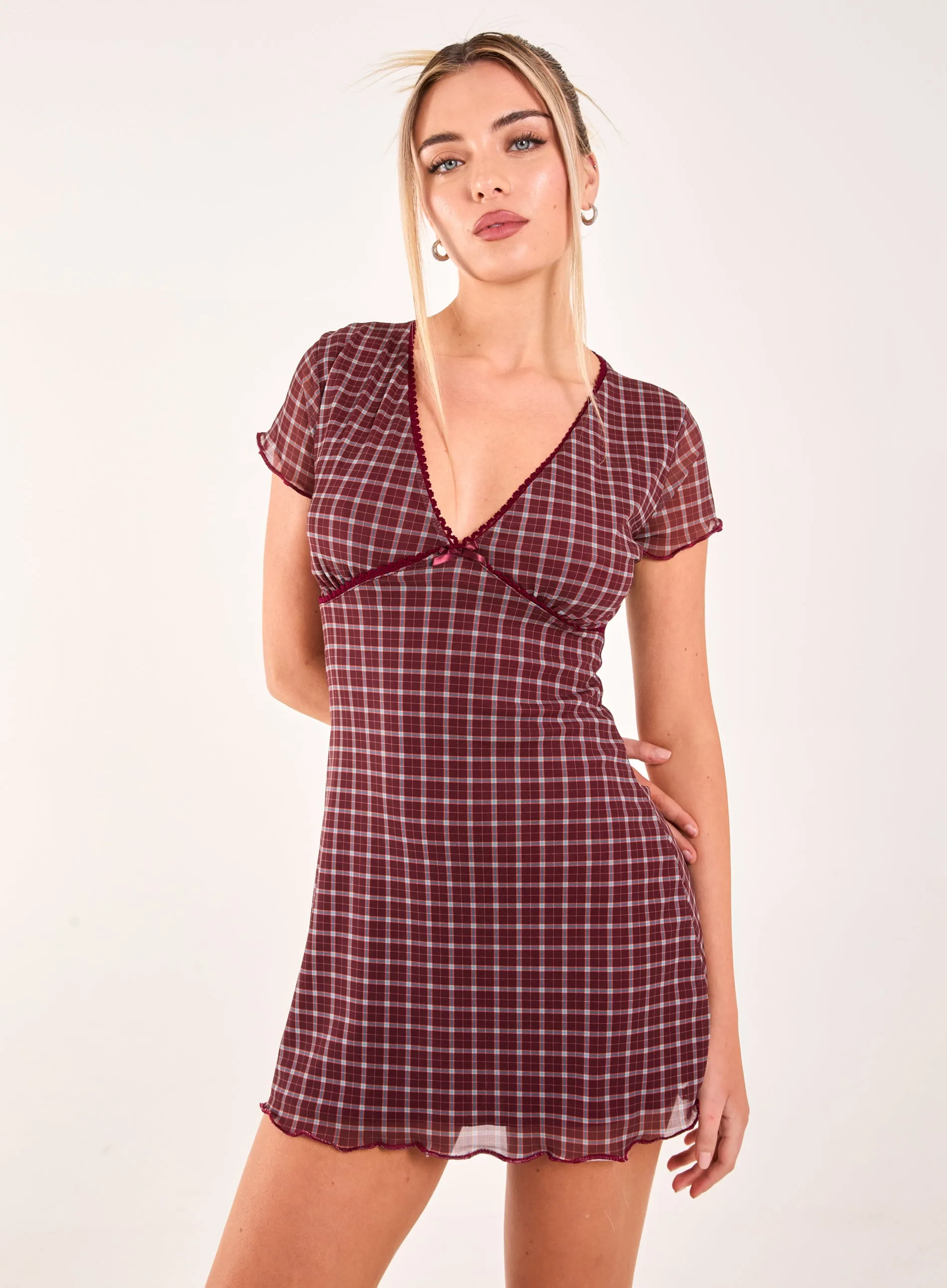 Check Cap Sleeve Mini Dress