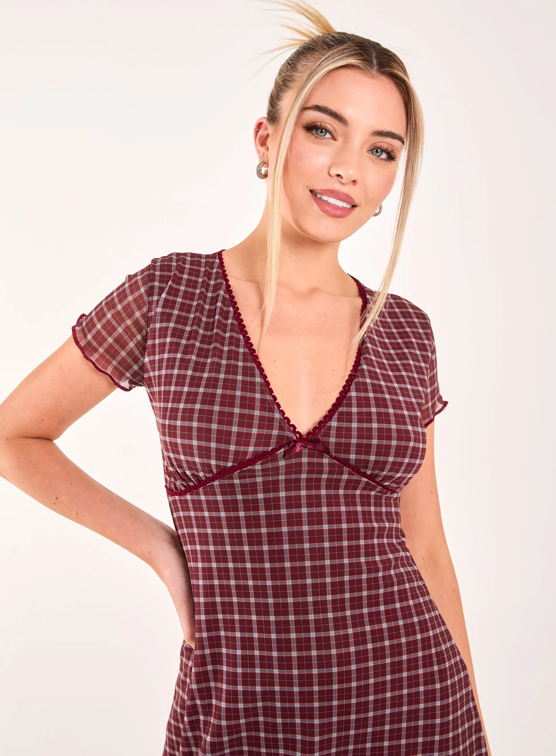 Check Cap Sleeve Mini Dress
