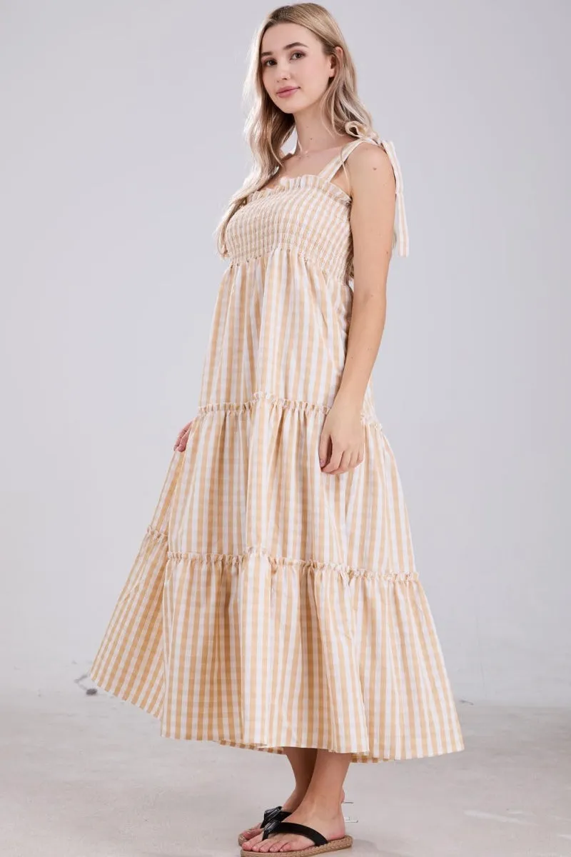 Chouyatou Women's 2024 Summer Boho Plaid Smocked Dress Spaghetti Strap Square Neck A Line Tiered Long Maxi Dress