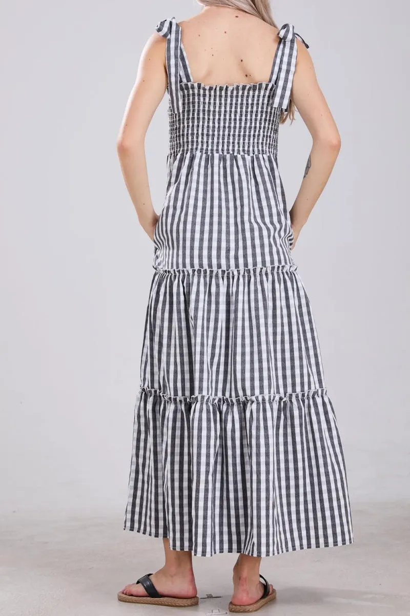 Chouyatou Women's 2024 Summer Boho Plaid Smocked Dress Spaghetti Strap Square Neck A Line Tiered Long Maxi Dress
