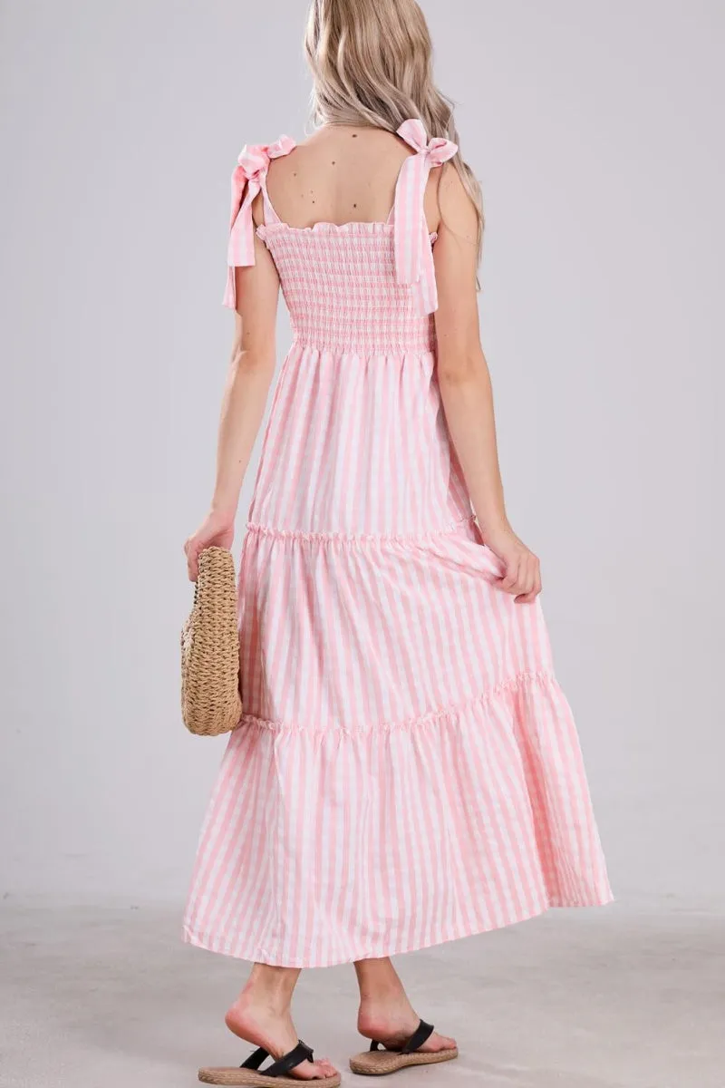 Chouyatou Women's 2024 Summer Boho Plaid Smocked Dress Spaghetti Strap Square Neck A Line Tiered Long Maxi Dress