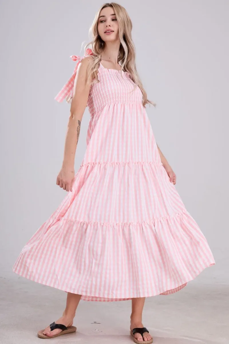 Chouyatou Women's 2024 Summer Boho Plaid Smocked Dress Spaghetti Strap Square Neck A Line Tiered Long Maxi Dress