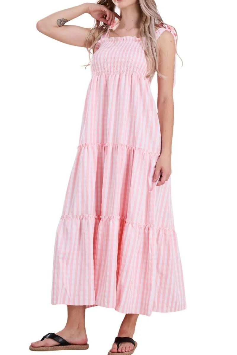 Chouyatou Women's 2024 Summer Boho Plaid Smocked Dress Spaghetti Strap Square Neck A Line Tiered Long Maxi Dress