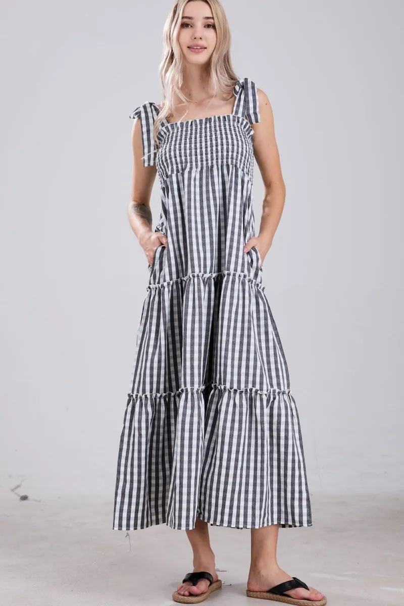 Chouyatou Women's 2024 Summer Boho Plaid Smocked Dress Spaghetti Strap Square Neck A Line Tiered Long Maxi Dress