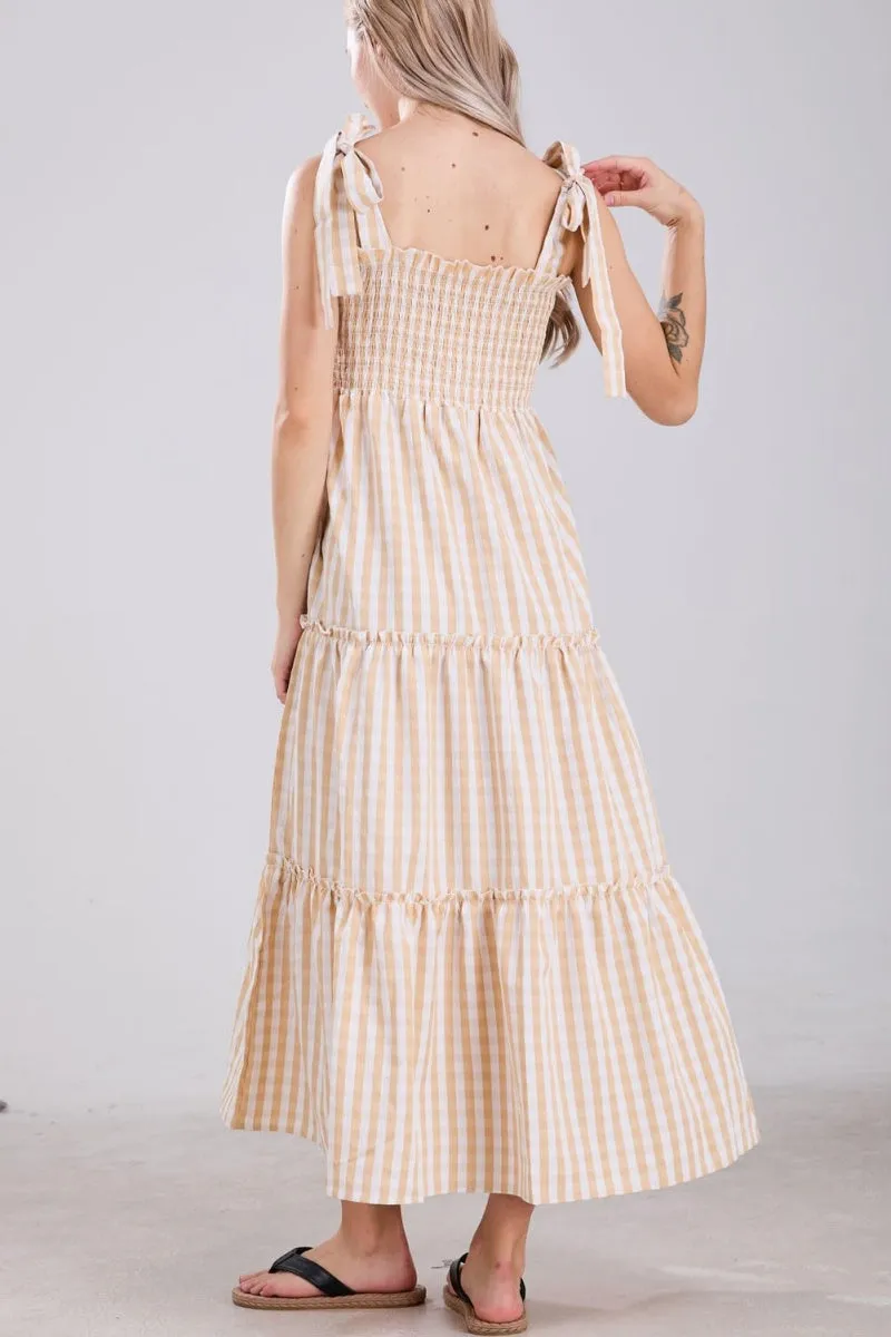 Chouyatou Women's 2024 Summer Boho Plaid Smocked Dress Spaghetti Strap Square Neck A Line Tiered Long Maxi Dress
