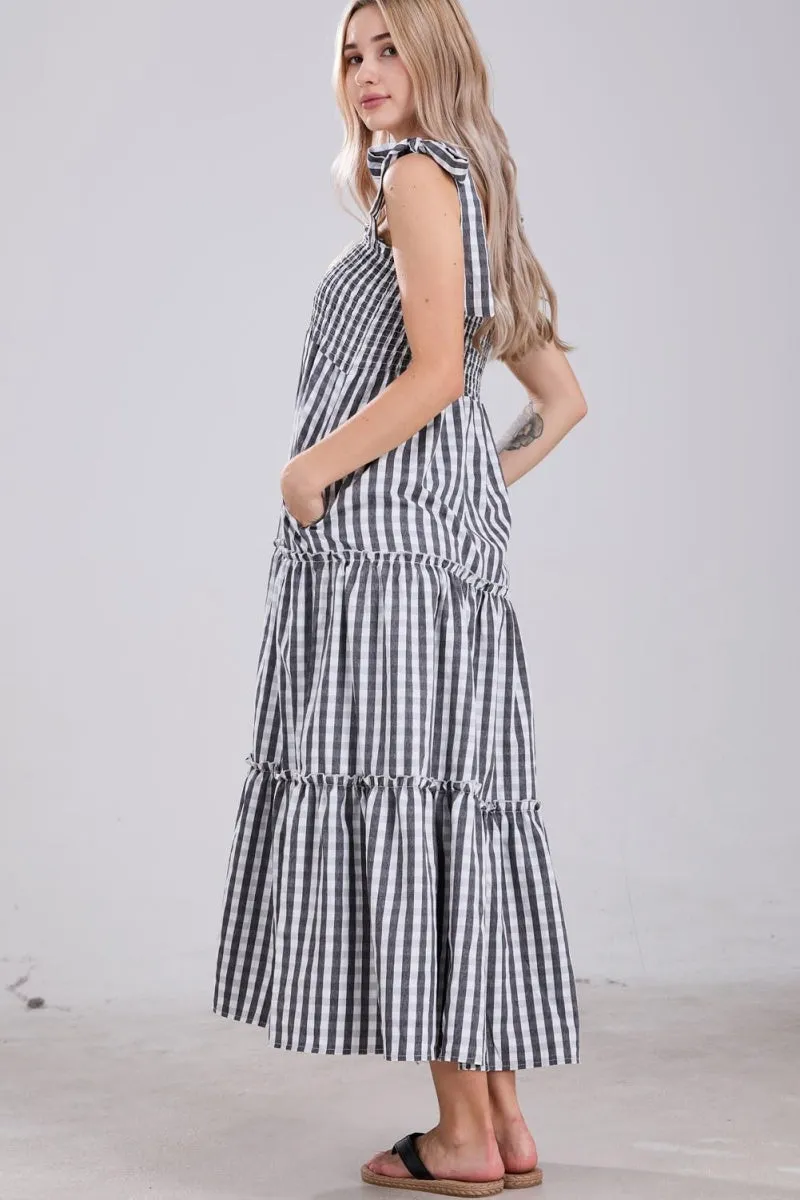 Chouyatou Women's 2024 Summer Boho Plaid Smocked Dress Spaghetti Strap Square Neck A Line Tiered Long Maxi Dress