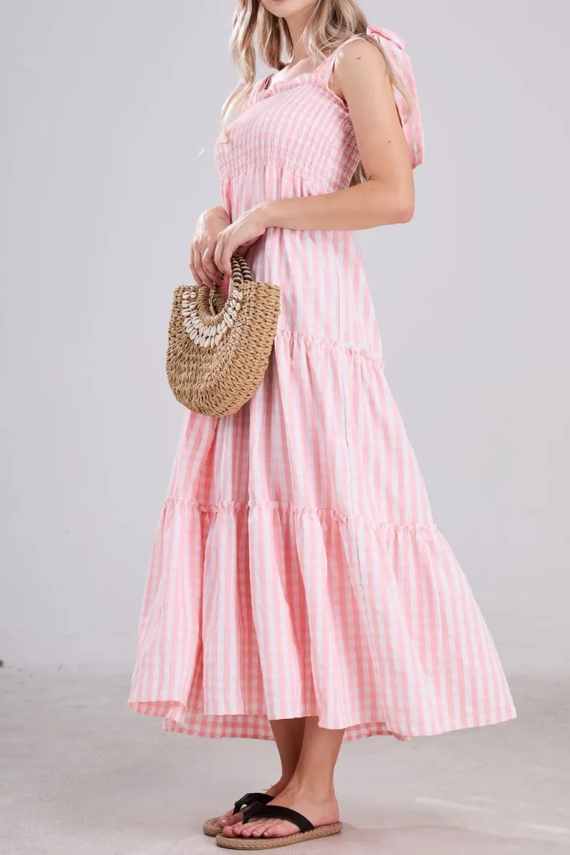 Chouyatou Women's 2024 Summer Boho Plaid Smocked Dress Spaghetti Strap Square Neck A Line Tiered Long Maxi Dress