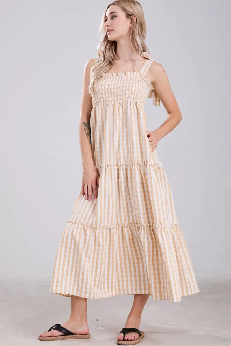 Chouyatou Women's 2024 Summer Boho Plaid Smocked Dress Spaghetti Strap Square Neck A Line Tiered Long Maxi Dress