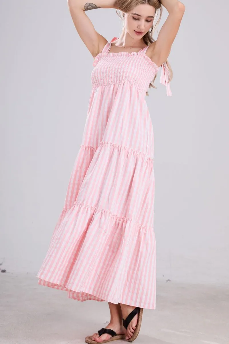Chouyatou Women's 2024 Summer Boho Plaid Smocked Dress Spaghetti Strap Square Neck A Line Tiered Long Maxi Dress