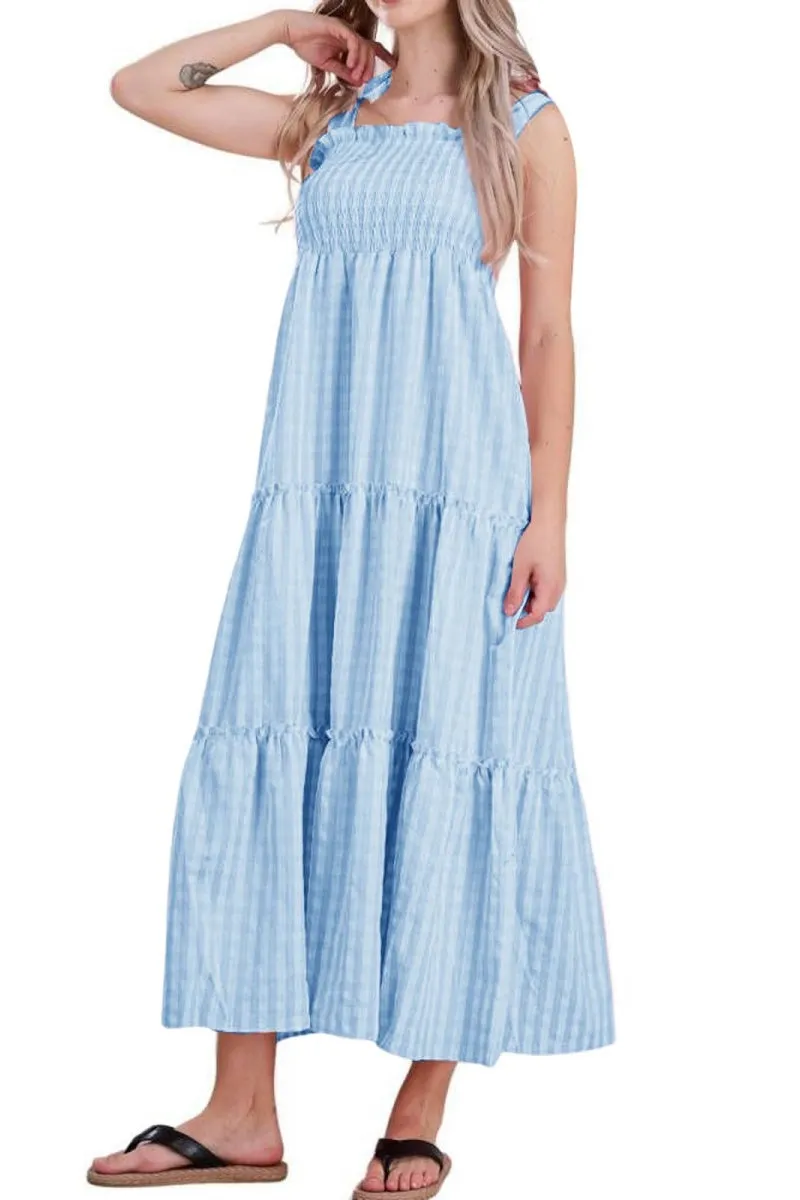 Chouyatou Women's 2024 Summer Boho Plaid Smocked Dress Spaghetti Strap Square Neck A Line Tiered Long Maxi Dress