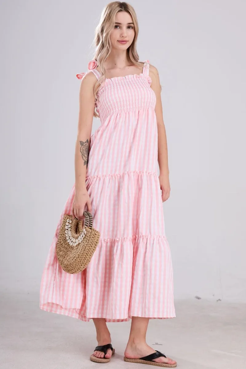 Chouyatou Women's 2024 Summer Boho Plaid Smocked Dress Spaghetti Strap Square Neck A Line Tiered Long Maxi Dress