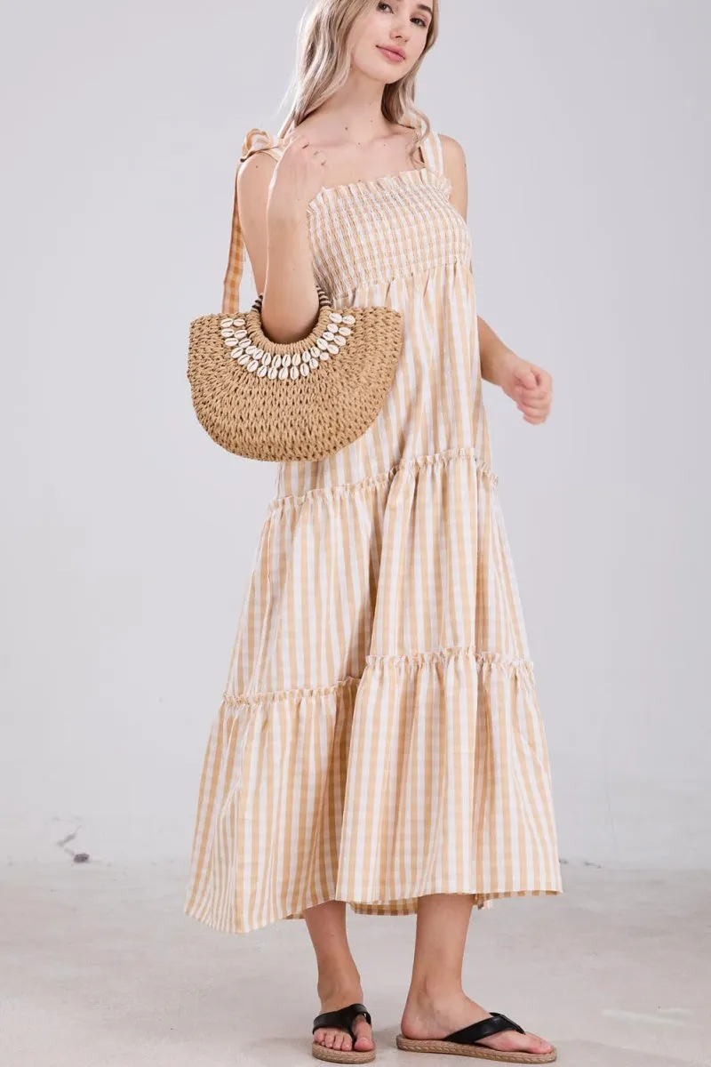 Chouyatou Women's 2024 Summer Boho Plaid Smocked Dress Spaghetti Strap Square Neck A Line Tiered Long Maxi Dress