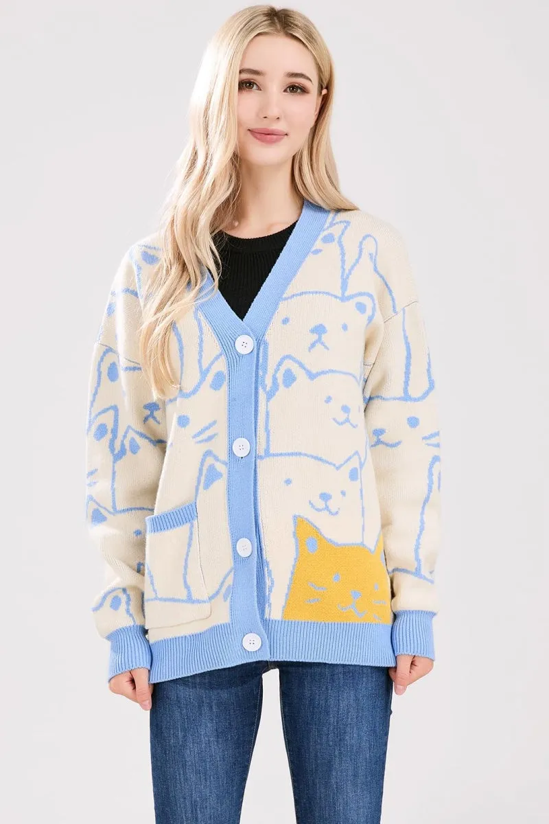 Chouyatou Women's Kawaii Cartoon Cat Cardigan Japanese Aesthetic Button Down Jacquard Knit Sweater Coat
