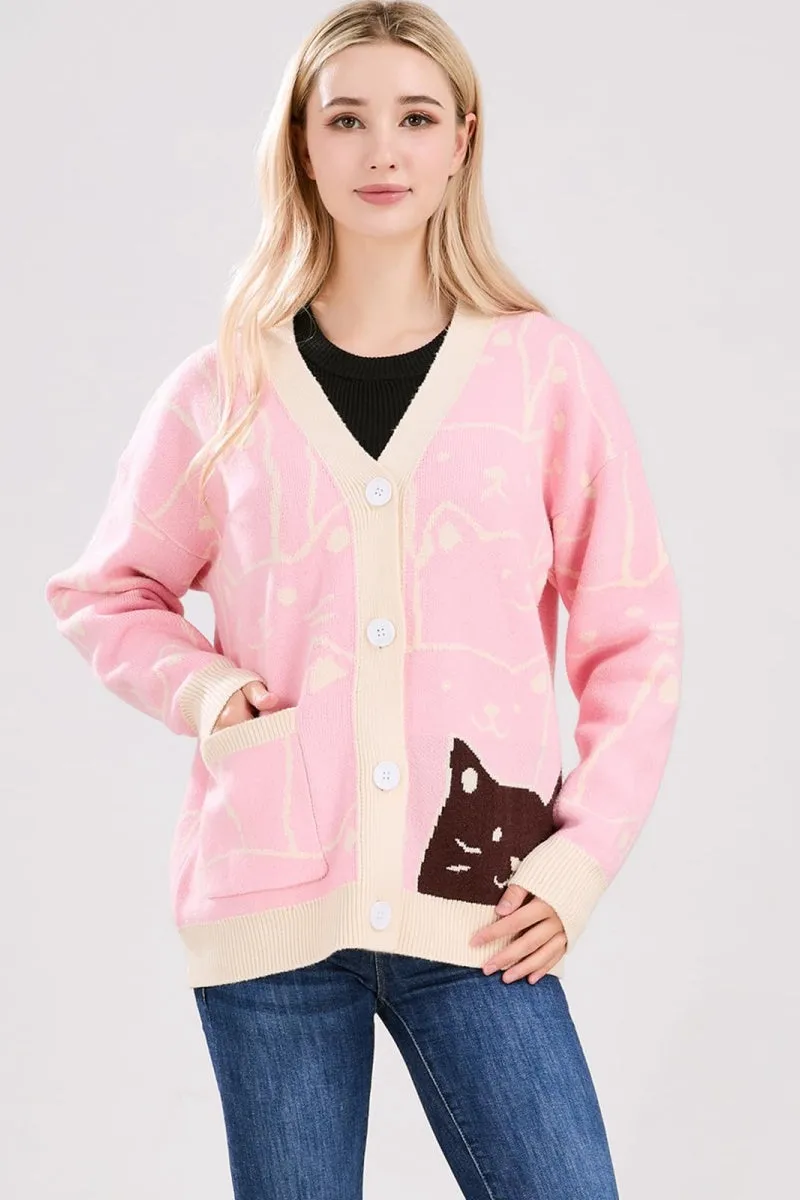 Chouyatou Women's Kawaii Cartoon Cat Cardigan Japanese Aesthetic Button Down Jacquard Knit Sweater Coat