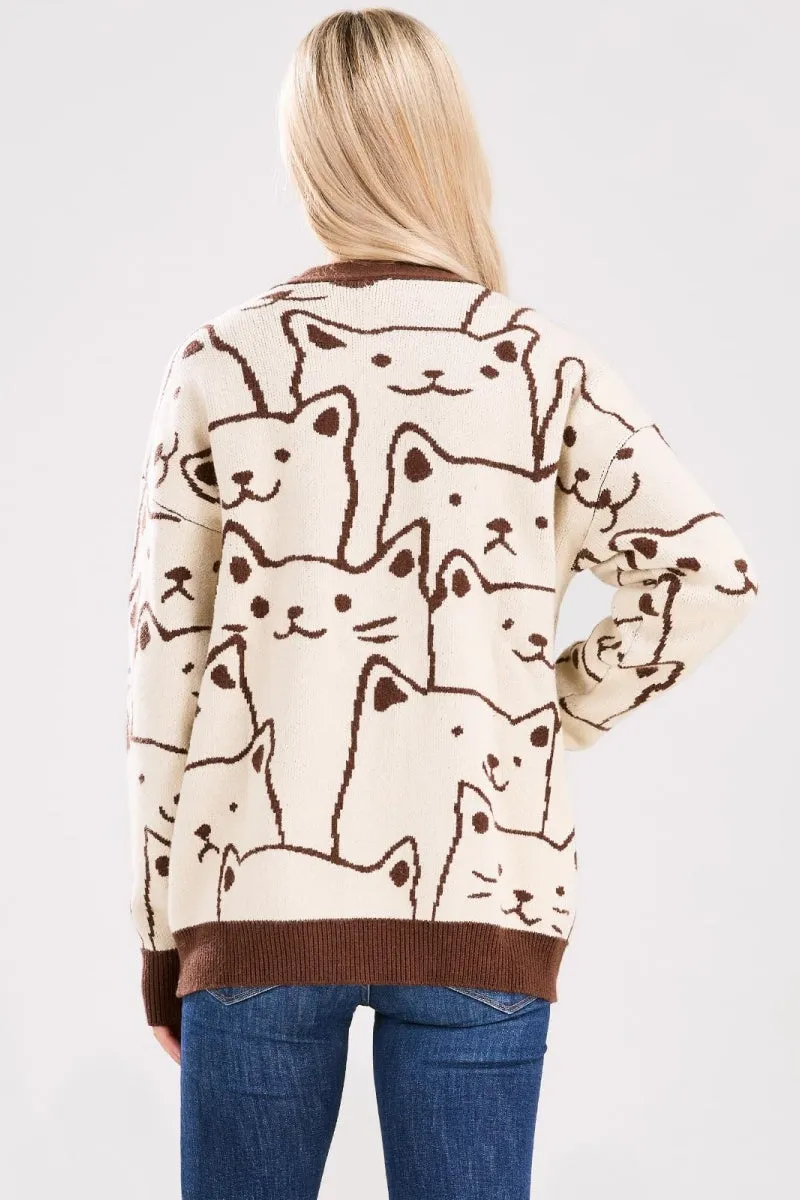 Chouyatou Women's Kawaii Cartoon Cat Cardigan Japanese Aesthetic Button Down Jacquard Knit Sweater Coat