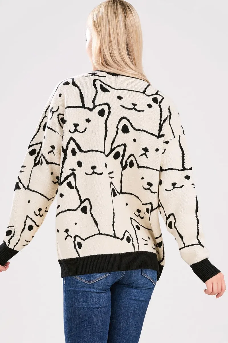 Chouyatou Women's Kawaii Cartoon Cat Cardigan Japanese Aesthetic Button Down Jacquard Knit Sweater Coat