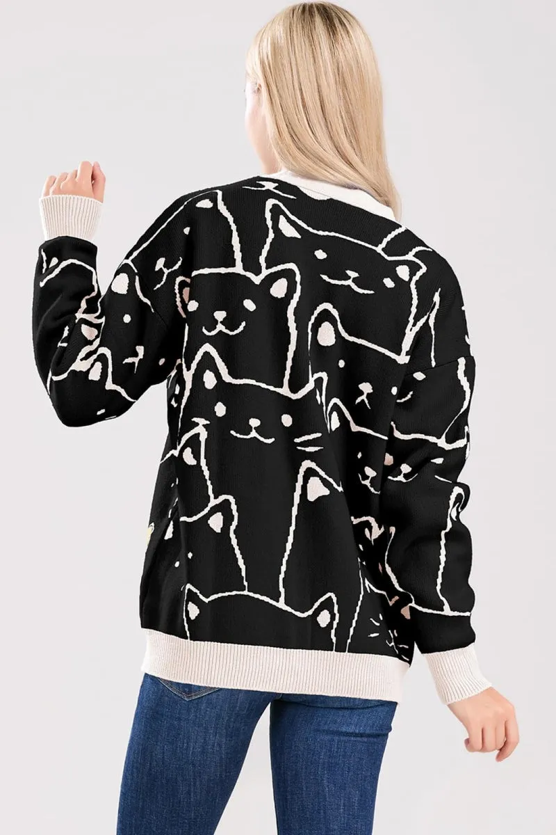 Chouyatou Women's Kawaii Cartoon Cat Cardigan Japanese Aesthetic Button Down Jacquard Knit Sweater Coat