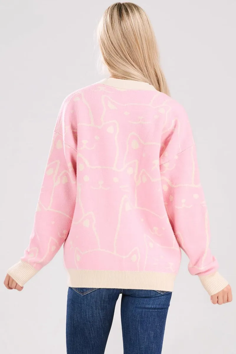 Chouyatou Women's Kawaii Cartoon Cat Cardigan Japanese Aesthetic Button Down Jacquard Knit Sweater Coat