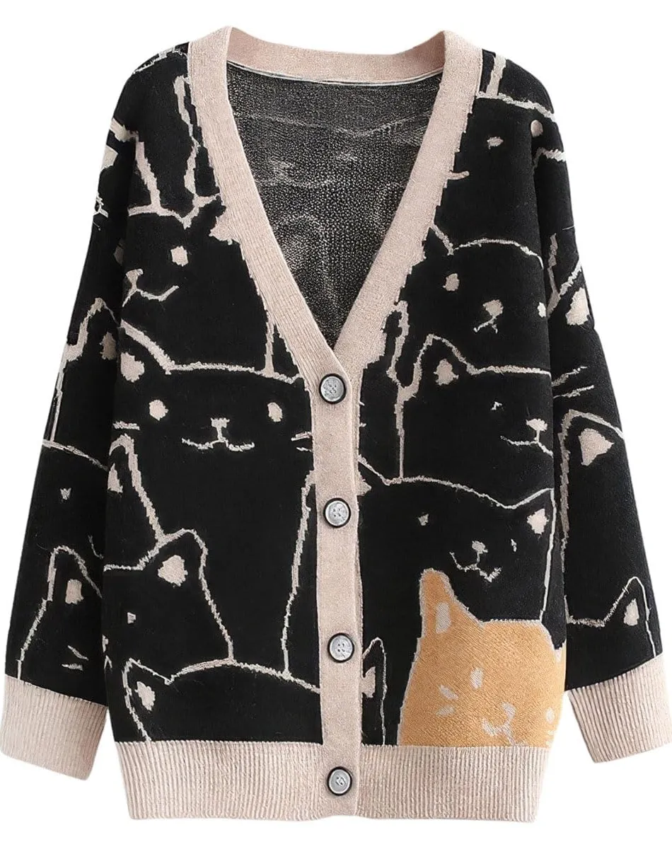 Chouyatou Women's Kawaii Cartoon Cat Cardigan Japanese Aesthetic Button Down Jacquard Knit Sweater Coat