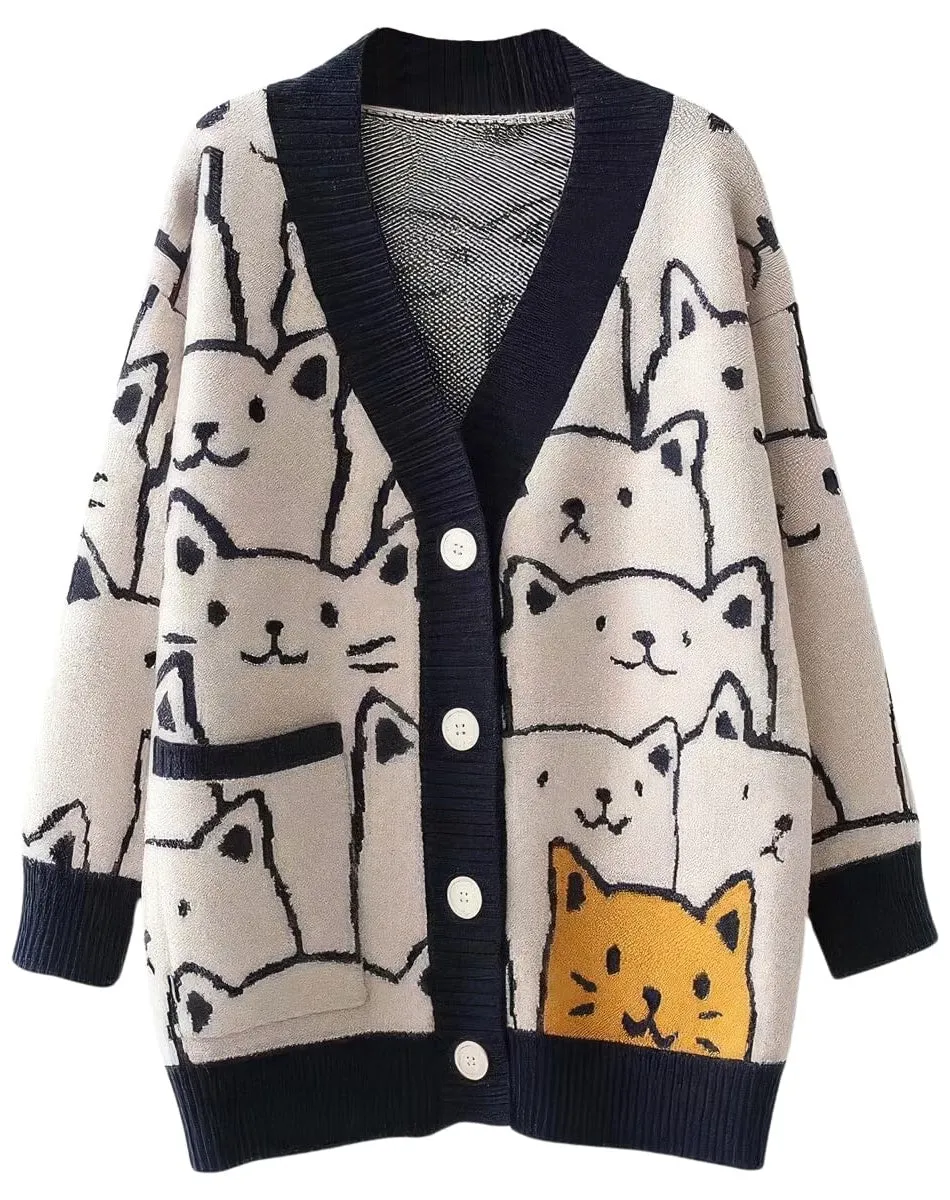 Chouyatou Women's Kawaii Cartoon Cat Cardigan Japanese Aesthetic Button Down Jacquard Knit Sweater Coat