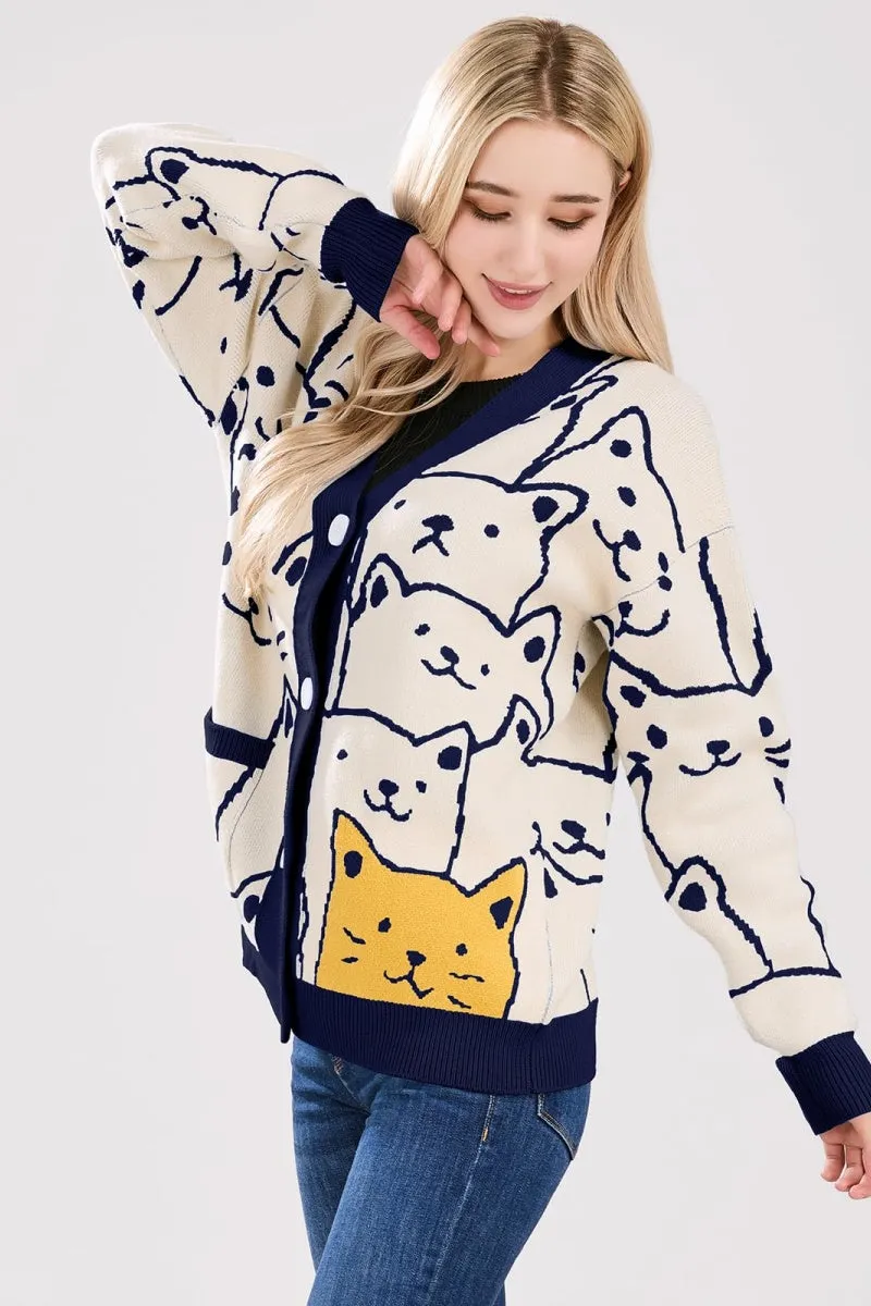 Chouyatou Women's Kawaii Cartoon Cat Cardigan Japanese Aesthetic Button Down Jacquard Knit Sweater Coat