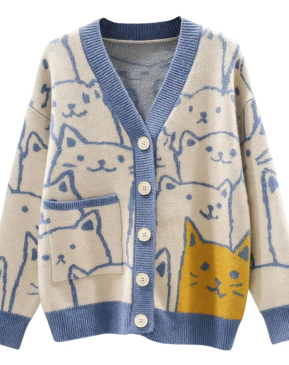 Chouyatou Women's Kawaii Cartoon Cat Cardigan Japanese Aesthetic Button Down Jacquard Knit Sweater Coat