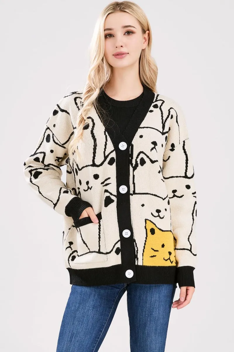 Chouyatou Women's Kawaii Cartoon Cat Cardigan Japanese Aesthetic Button Down Jacquard Knit Sweater Coat