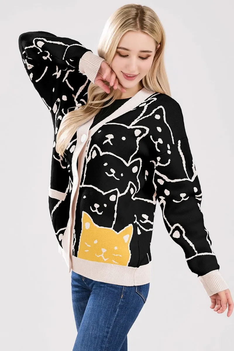 Chouyatou Women's Kawaii Cartoon Cat Cardigan Japanese Aesthetic Button Down Jacquard Knit Sweater Coat