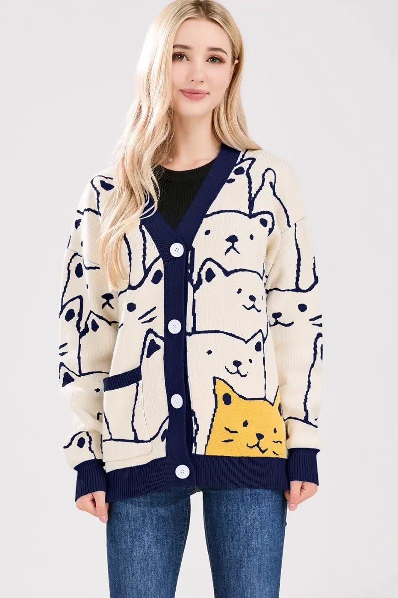 Chouyatou Women's Kawaii Cartoon Cat Cardigan Japanese Aesthetic Button Down Jacquard Knit Sweater Coat